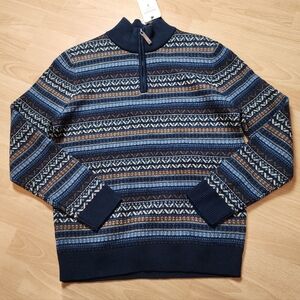 NWT Saltwell England Wool-Blend Fairisle 1/4 Zip Knit Sweater Blue Brown Medium